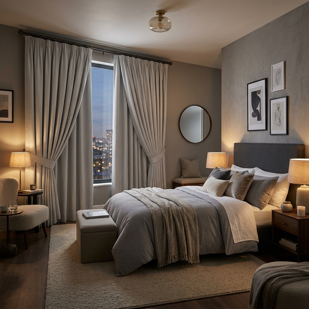 Thermal blackout drapes hanging elegantly in a luxury bedroom suite