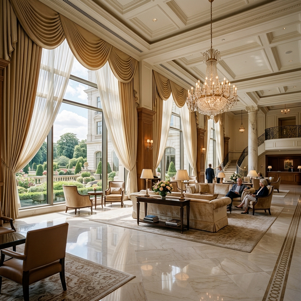 Tall luxury gold silk hotel drapery with valances hanging in a grand hotel lounge lobby