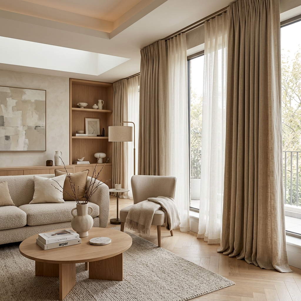 Custom double-pleated curtains styled in a premium residential living space
