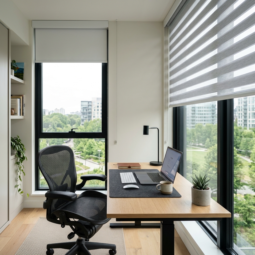 Automated zebra blinds installed in a clean modern study workstation