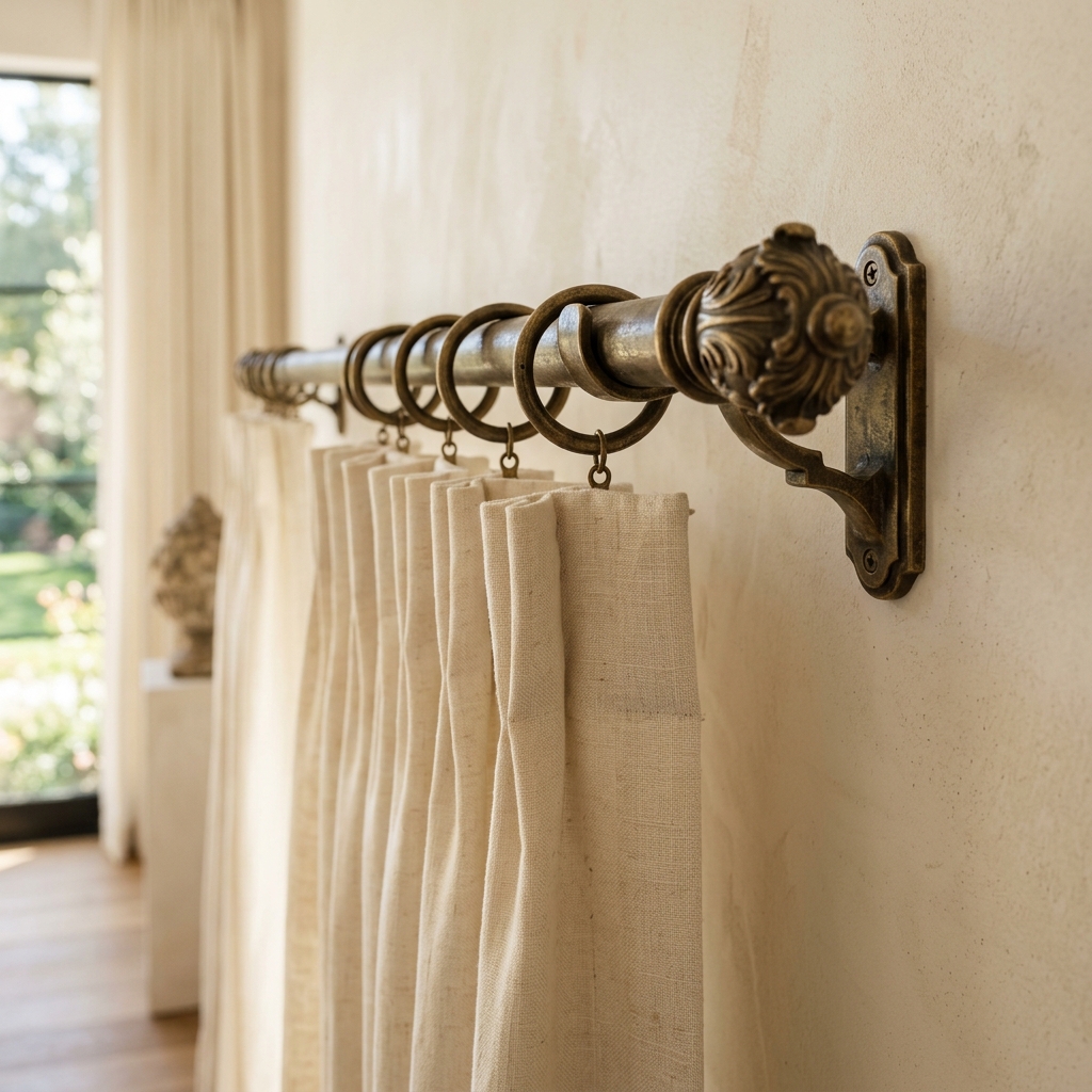 Designer solid antique brass rod with detailed classic finials and brackets mounted on a clean warm wall