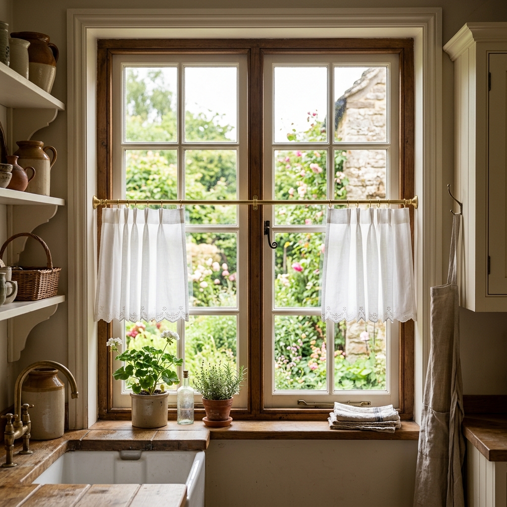 Light café-style half curtains in white cotton with scalloped edge hanging from a delicate brass rod mounted midway on window