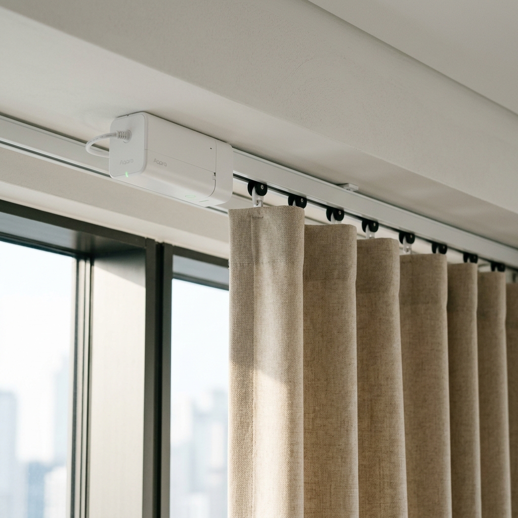 Smart home curtain motorized track installation showing minimalist white receiver motor and track wheels