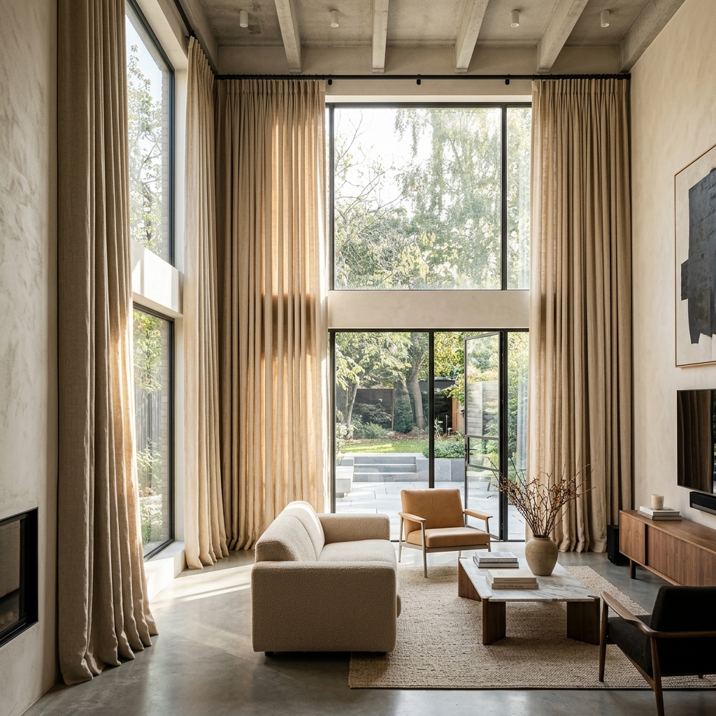 Luxury heavy double-pleated beige linen curtains installed in a bright high-ceiling living room space