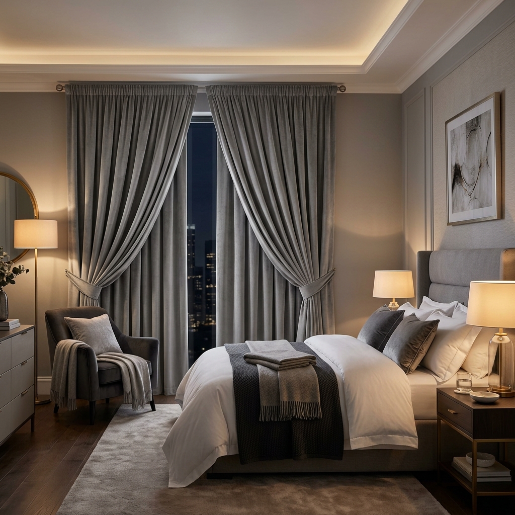 Premium grey velvet blackout curtains styled beautifully in a cozy luxury bedroom setup