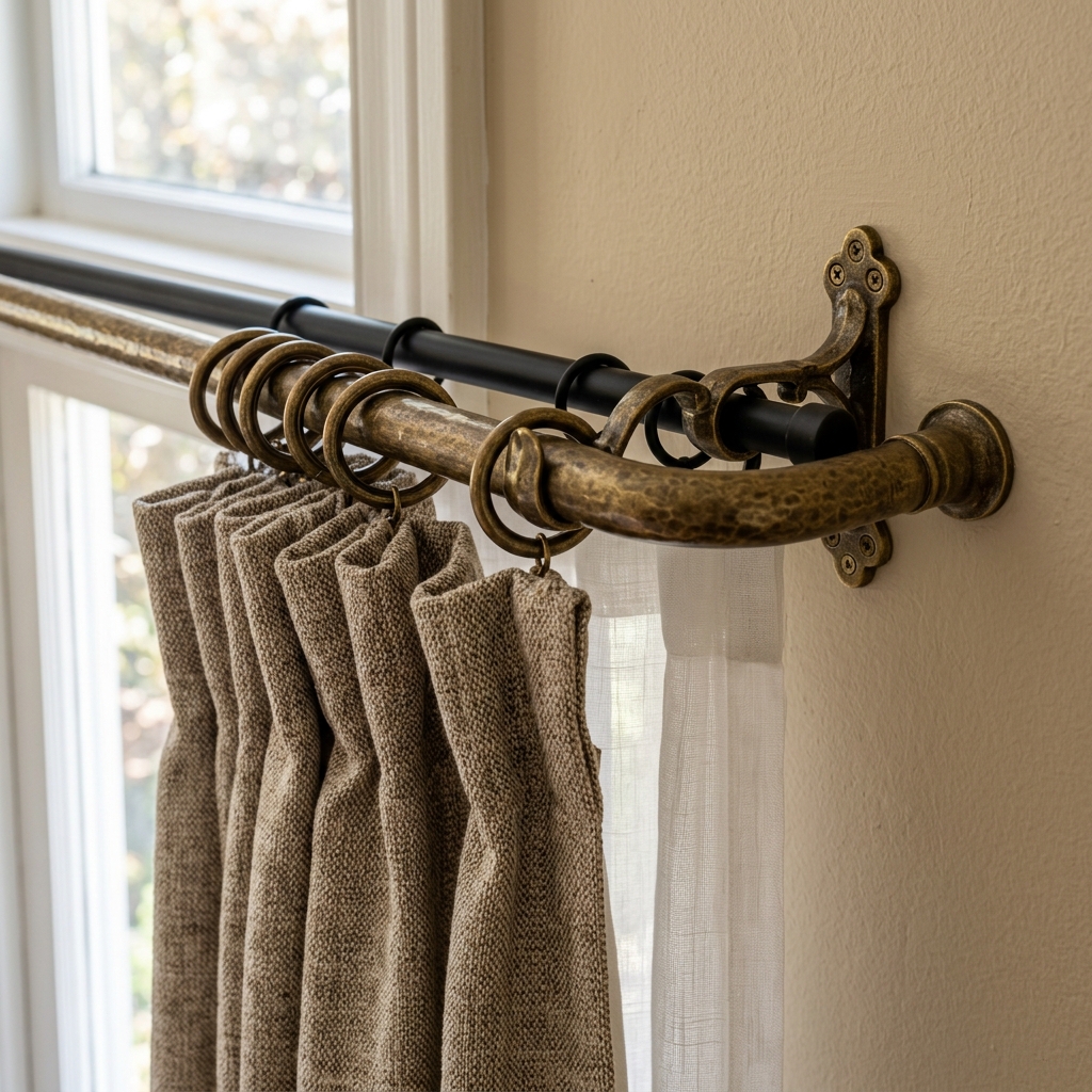 Double curtain rod installation with thick brass front rod and thin matte black back rod holding heavy and sheer curtains