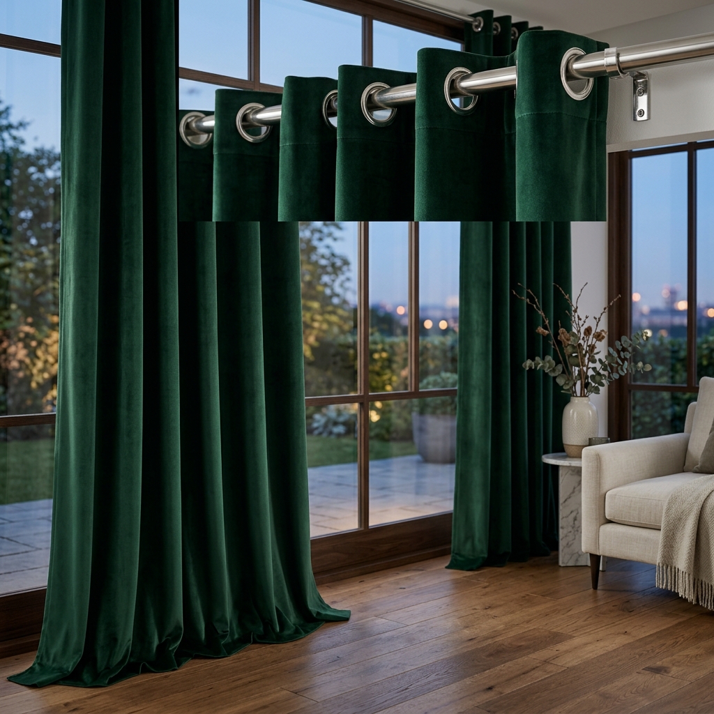 Tall luxury deep forest green velvet curtains hanging from silver eyelet ring headers on polished rod