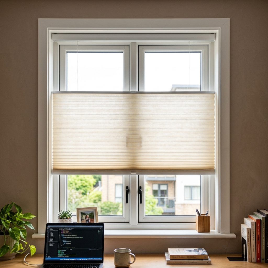 Modern cordless cellular honeycomb blinds half lowered inside a window frame, showing hexagonal cells
