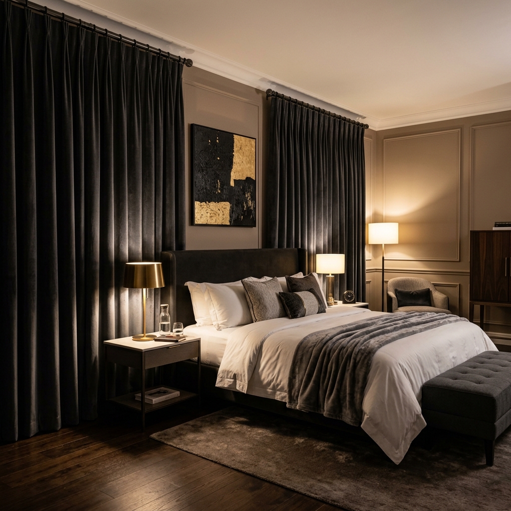 Luxury hotel suite bedroom dressed with heavy triple-pleated charcoal grey blackout velvet curtains