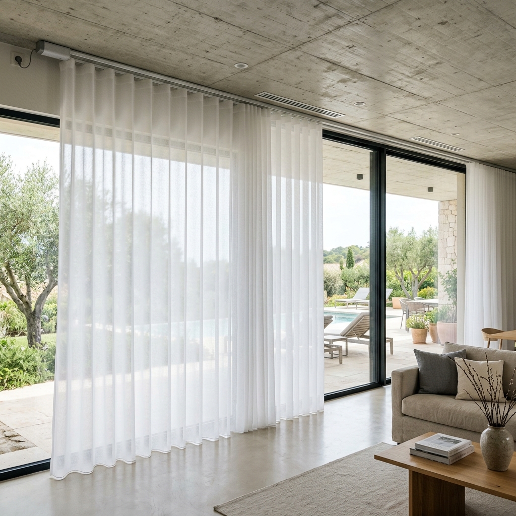 Floor to ceiling sheer white curtains with silent automated motorized tracks in a modern luxury villa