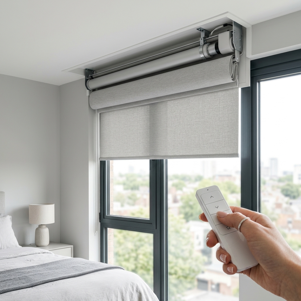 Smart home motorized roller blinds in grey textured fabric rolling up into ceiling recess in contemporary bedroom