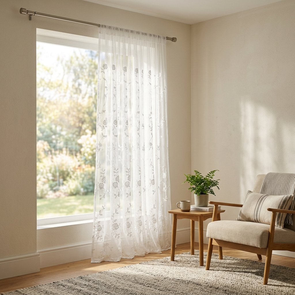 Lightweight white net lace curtains with delicate embroidered floral patterns hanging gracefully from rod, diffusing morning sunlight