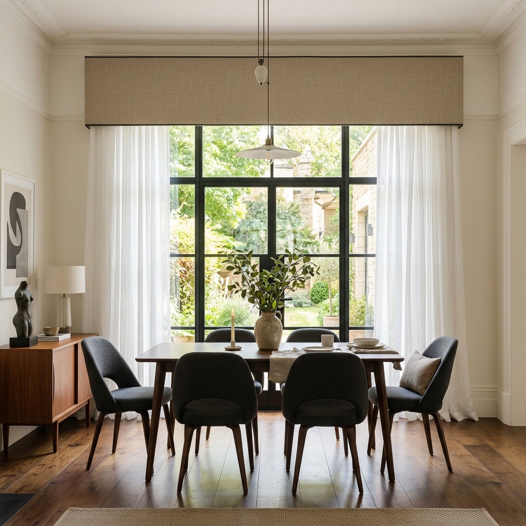 Upholstered rectangular pelmet board in beige linen fabric with contrast charcoal piping mounted above window concealing curtain track