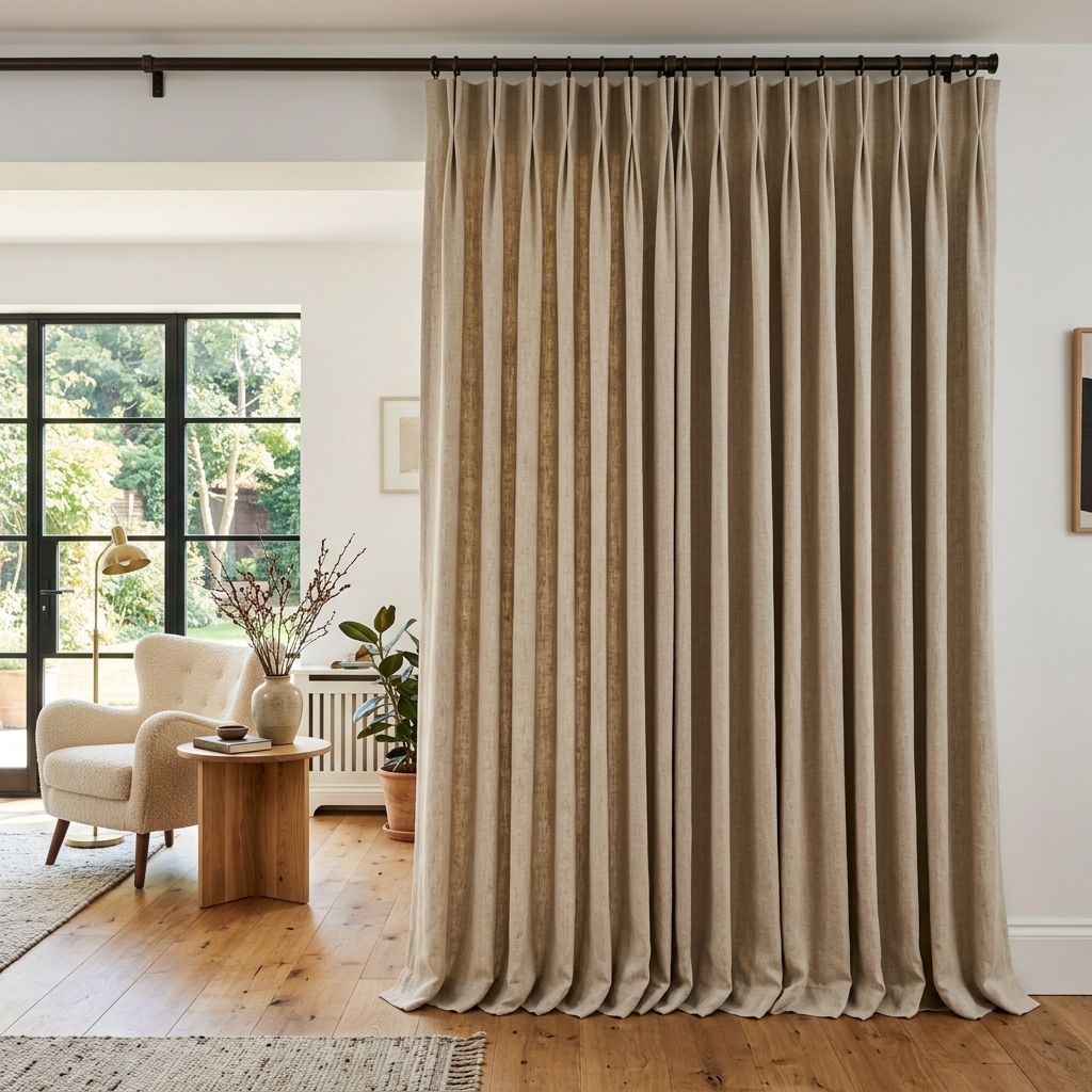 Tall triple pinch-pleated curtains in textured oatmeal Belgian linen hanging from silent rings on bronze rod