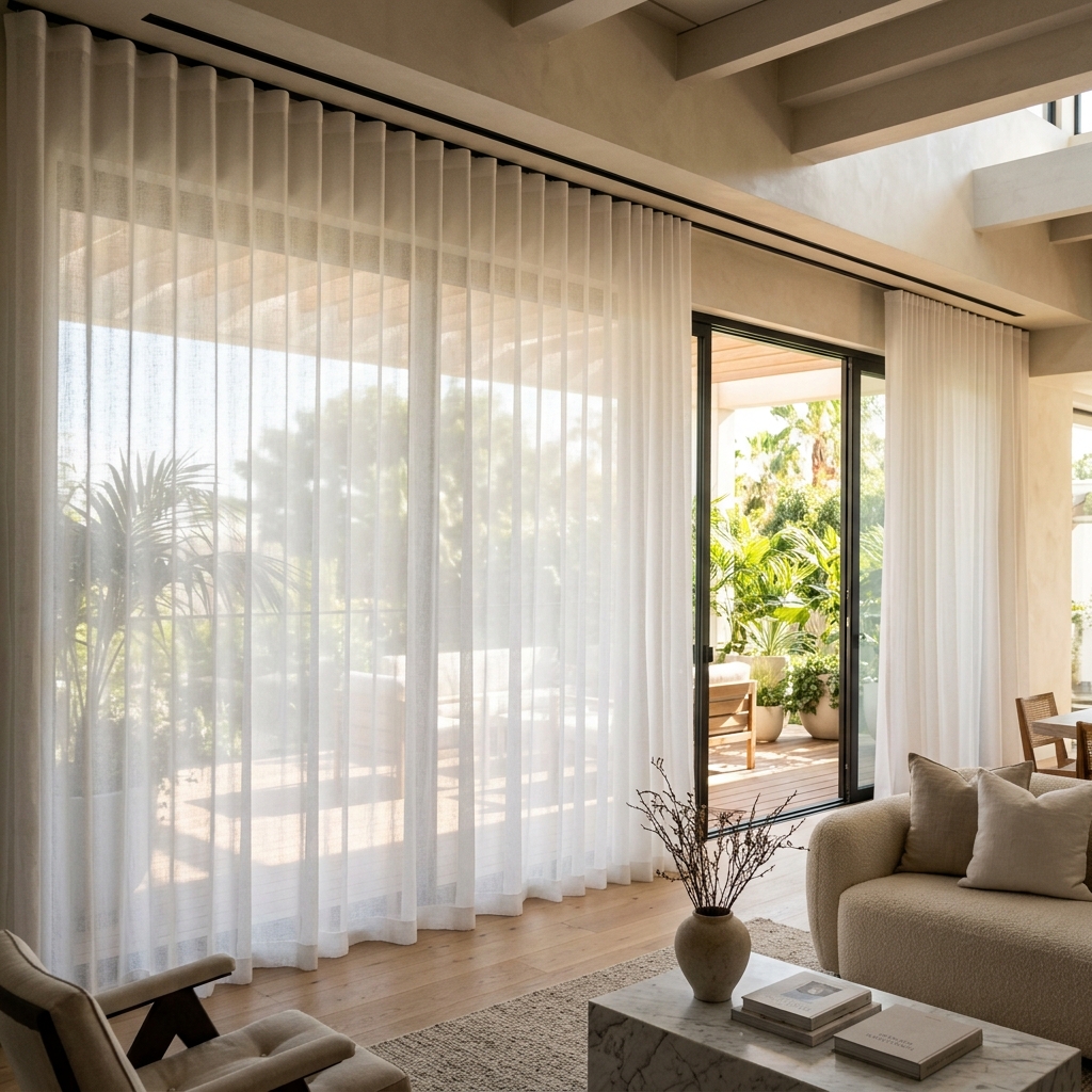 Floor to ceiling sheer white ripple-fold linen curtains covering sliding glass terrace balcony doors
