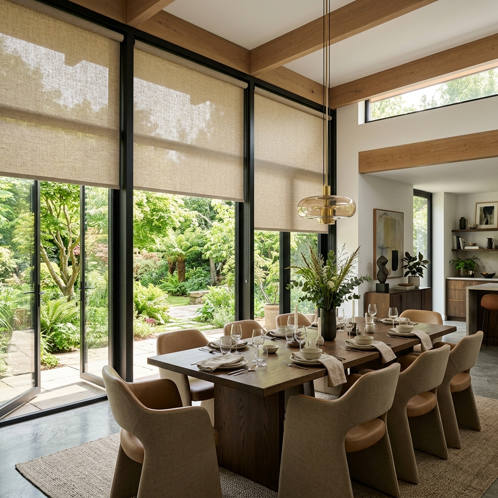 Luxury textured fabric roller blinds in a contemporary dining room overlooking a green garden space