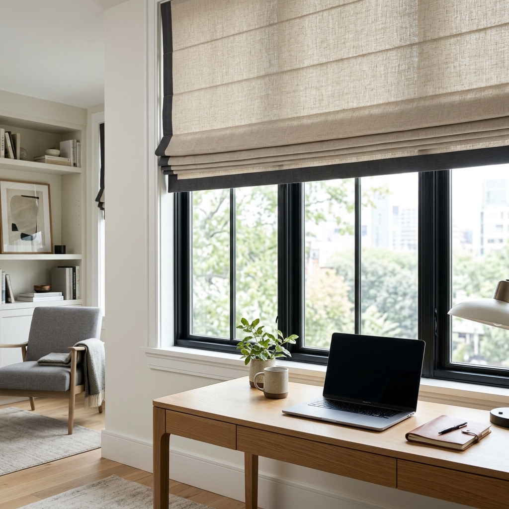 Custom Roman shades made from Belgian linen fabric with charcoal grey borders, stacked neatly at the top of a modern window frame