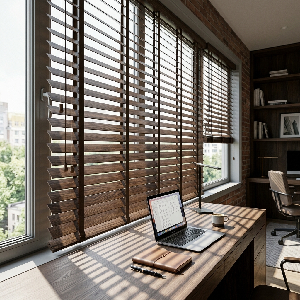 Premium wooden venetian blinds with horizontal slats tilted to cast light on study room desk