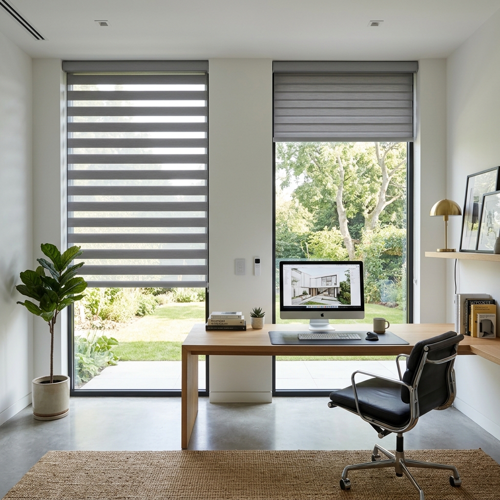 Motorized dual-layer fabric zebra blinds hanging in a clean minimalist study room office